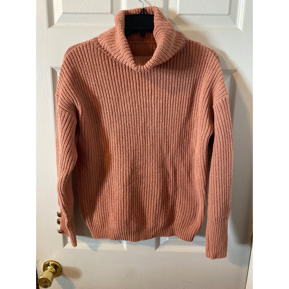 Dusty Rose Cowl Neck Ribbed Knit Sweater with Gold Crest Button Cuffs Small